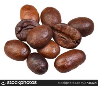 heap of roasted coffee beans isolated on white background