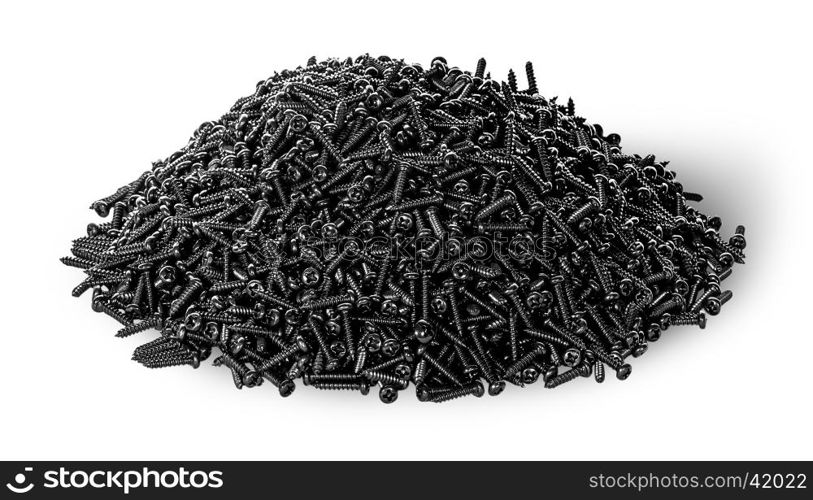 Heap of screws top view isolated on white background