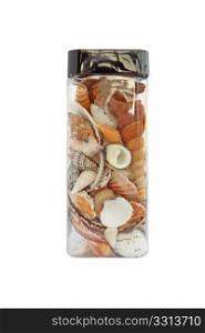 Heap of seashells in plastic jar isolated on a white