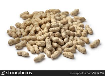 Heap of shelled peanuts on white background