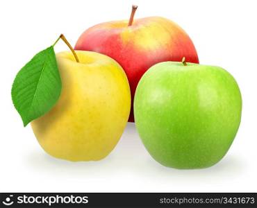 Heap of three fresh motley apple with green leaf. Placed on white background. Close-up. Studio photography.