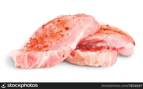 Heap Of Three Pieces Of Raw Pork With Spices Isolated On White Background
