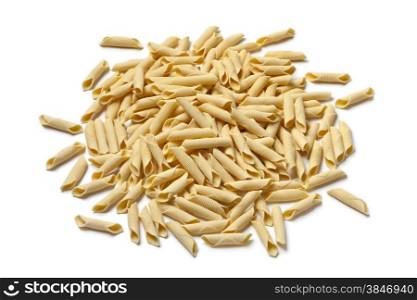 Heap of traditional Italian handmade garganelli pasta on white background