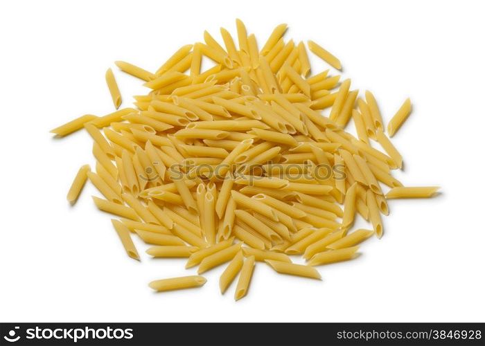 Heap of traditional Italian penne rigate on white background