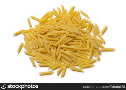 Heap of traditional Italian penne rigate on white background