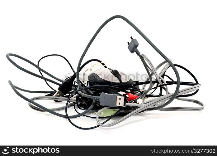 Heap of twisted wires and a mouse on a white background