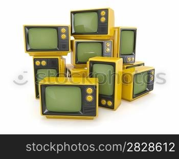 Heap of vintage tv on white background. 3d