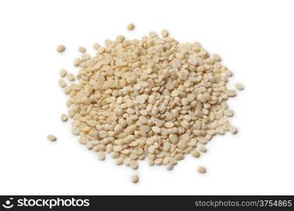 Heap of white lentils on white background