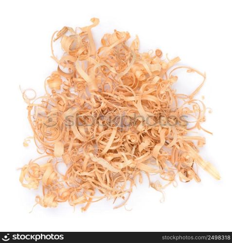 Heap of wooden shavings isolated on white background. Top view.