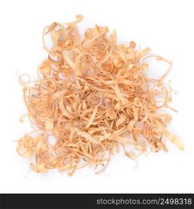Heap of wooden shavings isolated on white background. Top view.