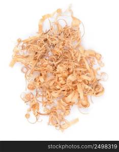 Heap of wooden shavings straw filling isolated on white background. Top view.