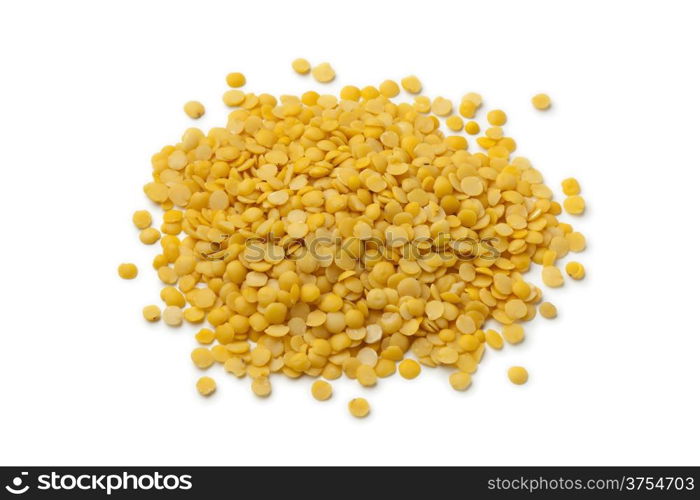 Heap of Yellow lentils on white background