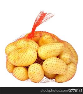 Heap of yellow raw potatos in red string bag. Isolated on white background. Close-up. Studio photography.