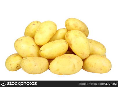 Heap of yellow raw potatos. Isolated on white background. Close-up. Studio photography.