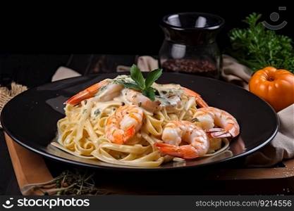 heaping plate of linguine with shrimps and creamy sauce, created with generative ai. heaping plate of linguine with shrimps and creamy sauce