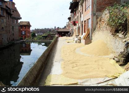 Heaps of grain and pond near buildings in Bhaktapur, Nepal