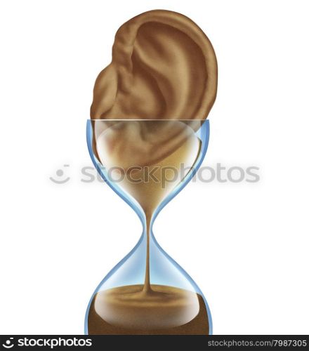 Hearing aging loss as a medical degenerative disease as an hourglass with sands of time falling shaped as an ear as a symbol of losing auditory function due to older age.