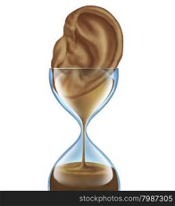 Hearing aging loss as a medical degenerative disease as an hourglass with sands of time falling shaped as an ear as a symbol of losing auditory function due to older age.