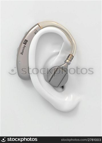 Hearing aid on white ear. Three-dimensional image. 3d