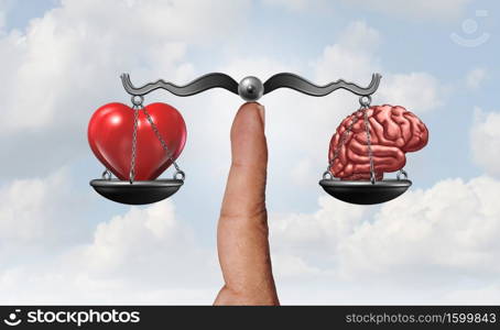 Heart and brain as a psychology symbol representing the balancing act between the rational logical mind and irrational emotional feelings with 3D render elements.
