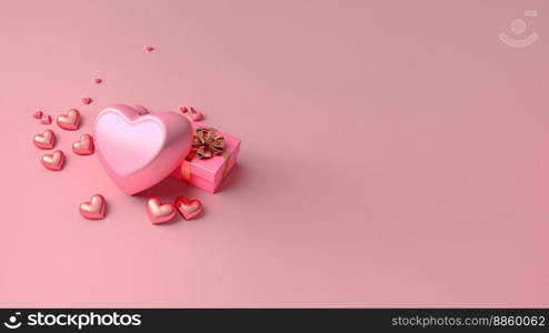 Heart and gift box 3d illustration isolated on pink background with copy space