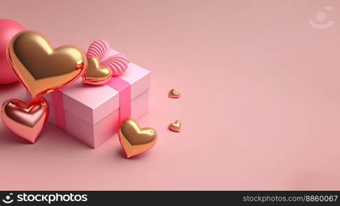 Heart and gift box 3d illustration isolated on pink background with copy space