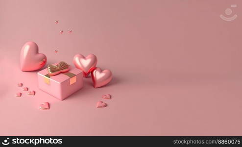 Heart and gift box 3d illustration isolated on pink background with copy space