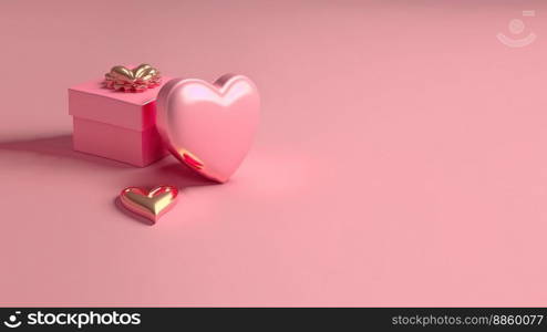 Heart and gift box 3d illustration isolated on pink background with copy space