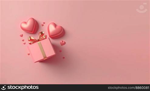 Heart and gift box 3d illustration isolated on pink background with copy space