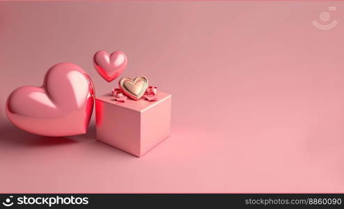 Heart and gift box 3d illustration isolated on pink background with copy space