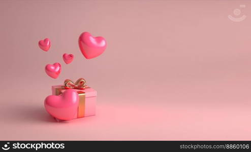 Heart and gift box 3d illustration isolated on pink background with copy space