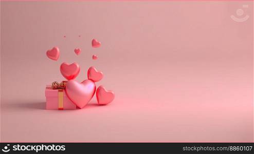 Heart and gift box 3d illustration isolated on pink background with copy space