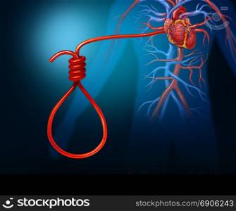 Heart attack concept and cardiac arrest or stroke symbol as a human artery shaped as a noose as a medical or medicine icon for the dangers of coronary disease with 3D render elements.