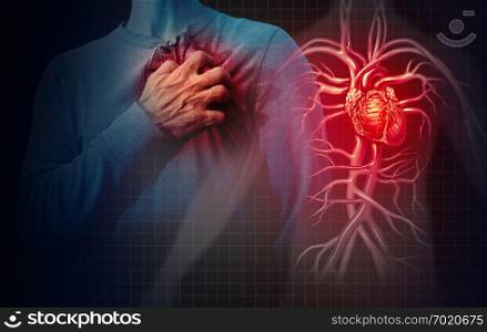 Heart attack concept and human cardiovascular pain as an anatomy medical disease concept with a person suffering from a cardiac illness as a painful coronary event with 3D illustration style elements.