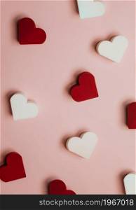 Heart background with white and red hearts, minimal, pastel pink background, copy space, graphic resources
