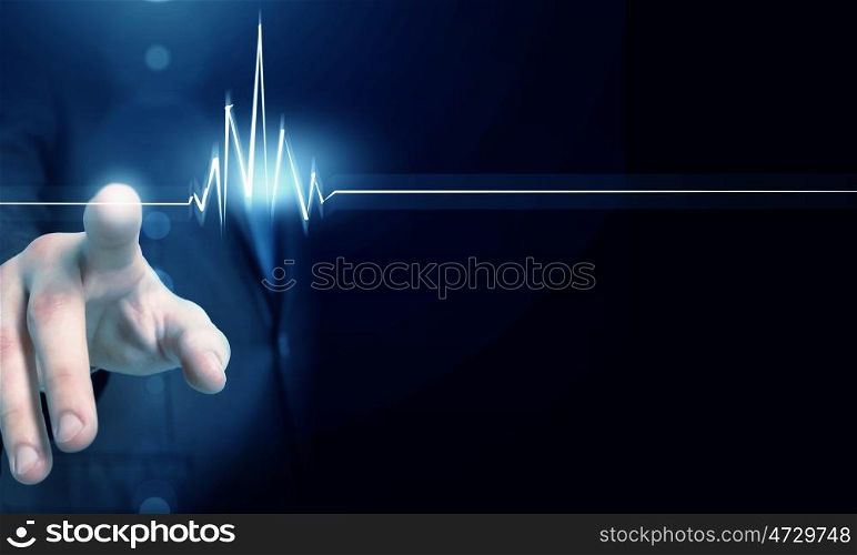 Heart beating rate. Male hand touch heart pulse on futuristic interface