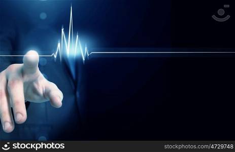 Heart beating rate. Male hand touch heart pulse on futuristic interface