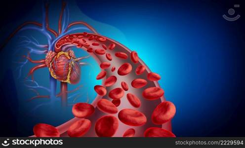 Heart blood circulation and cardiovascular system health symbol with red cells flowing through veins from the human circulatory system as a symbol of cardiology  with 3D illustration elements.