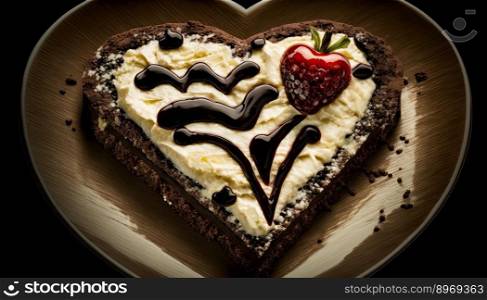 Heart cake for St. Valentine’s Day, Mother’s Day, or Birthday, decorated on wooden table. Generative AI