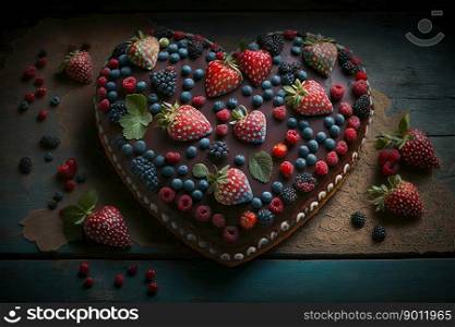 Heart cake for St. Valentine’s Day, Mother’s Day, or Birthday, decorated on a table. Generative AI 