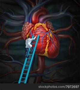 Heart doctor therapy health care and medical concept with a surgeon or cardiologist climbing a ladder to monitor and inspect the human cardiovascular anatomy for a hospital diagnosis treatment.
