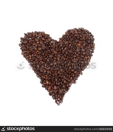Heart drawn with roasted coffee beans isolated on white background