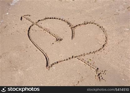 Heart engraved on the wet sand of the beach
