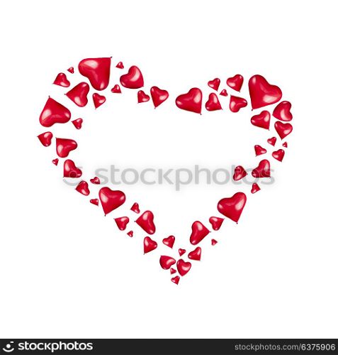 Heart frame made of red hearts shaped balloons on white background, isolated. Love or Valentines day concept