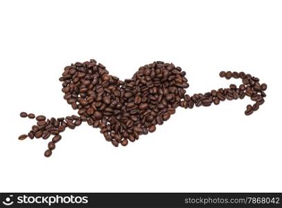 Heart from coffee beans, pierced by an arrow isolated on white background