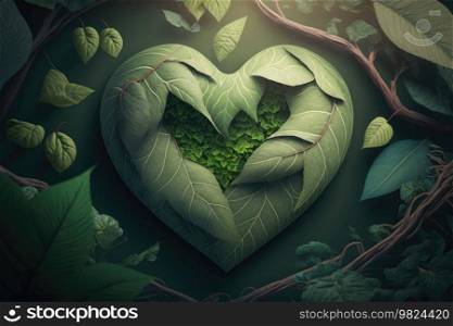 Heart from green leaves. Illustration Generative AI