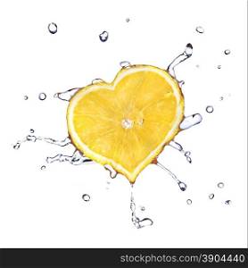 heart from lemon dropped into water isolated on white