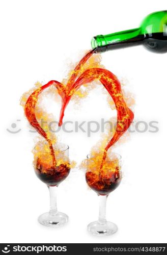 Heart from pouring red wine in goblets with fire
