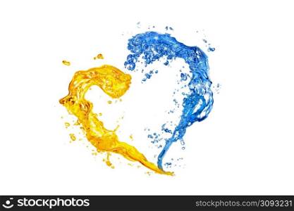 Heart from yellow and blue water splashes with bubbles isolated on white backround. National ukranian colors, stand with Ukraine. Heart from yellow water splash with bubbles isolated on white