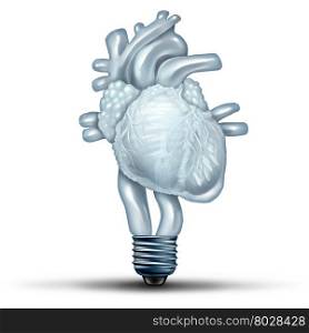 Heart health solution as a human cardiovascular organ shaped as a lightbulb or light bulb as a medical and medicine metaphor for healthy body ideas and blood flow therapy treatment thinking with 3D illustration elements.